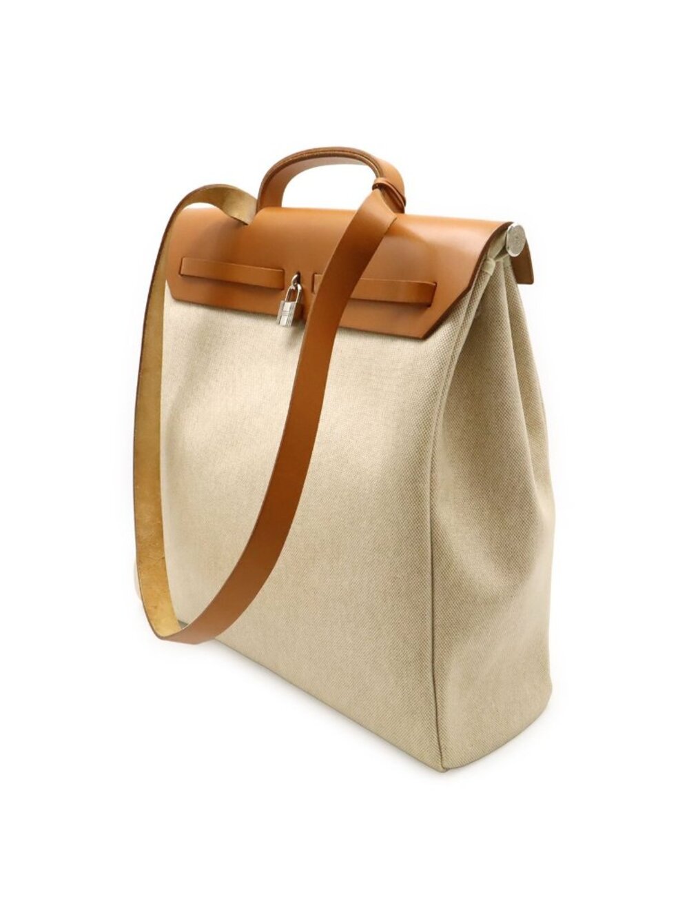 Hermes Herbag MM 2-Way Shoulder Bag Toile Ash Leather Natural Camel Silver - Picture 2 of 9